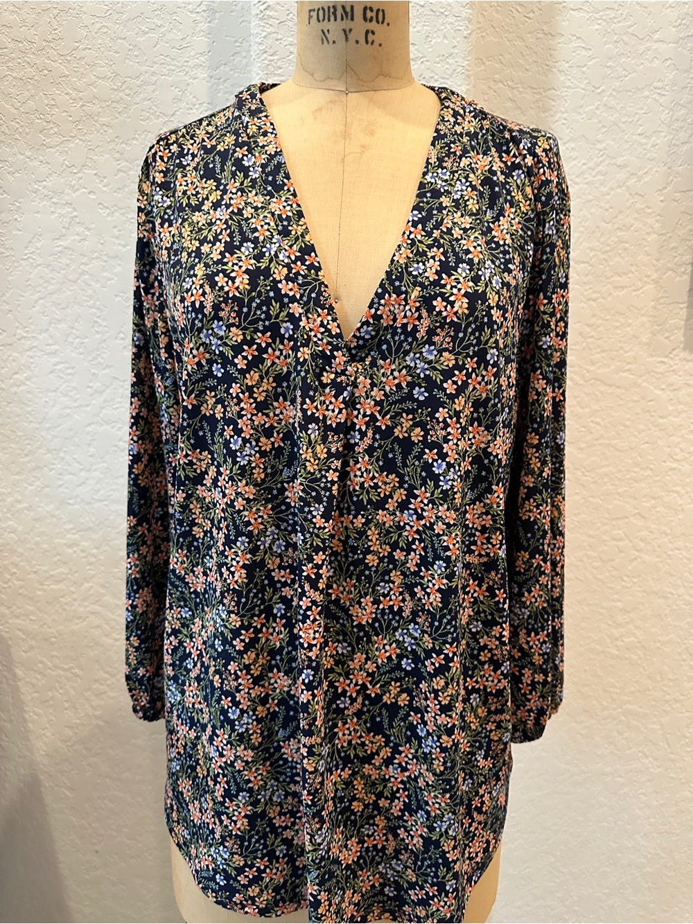 Women's Floral V-Neck Blouse - Navy with Pink & Green Floral
